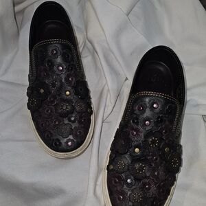 Coach Black Leather Floral Slip-On Sneakers